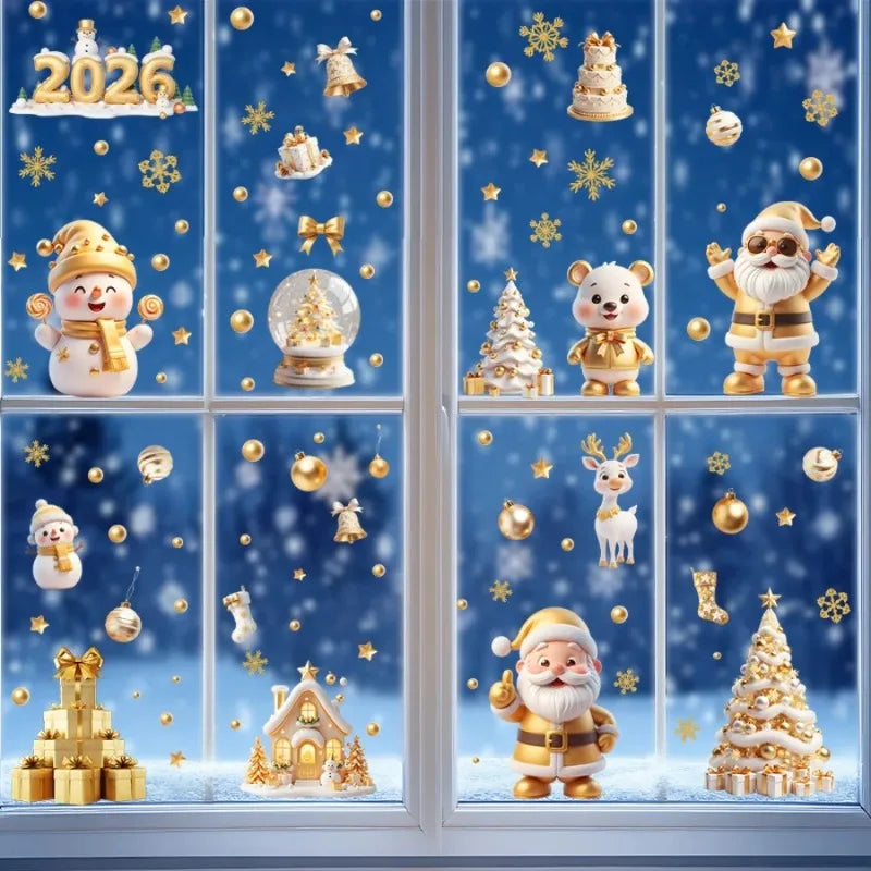Golden Santa Snowman Reusable Static Cling Window Decals Christmas Window Clings Qme