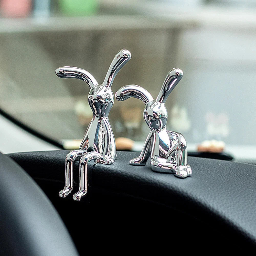 2PC Long-Eared Rabbit Cartoon Figurines | Home Desk Decor Decorative Figurine Set Qme Silver 2pcs