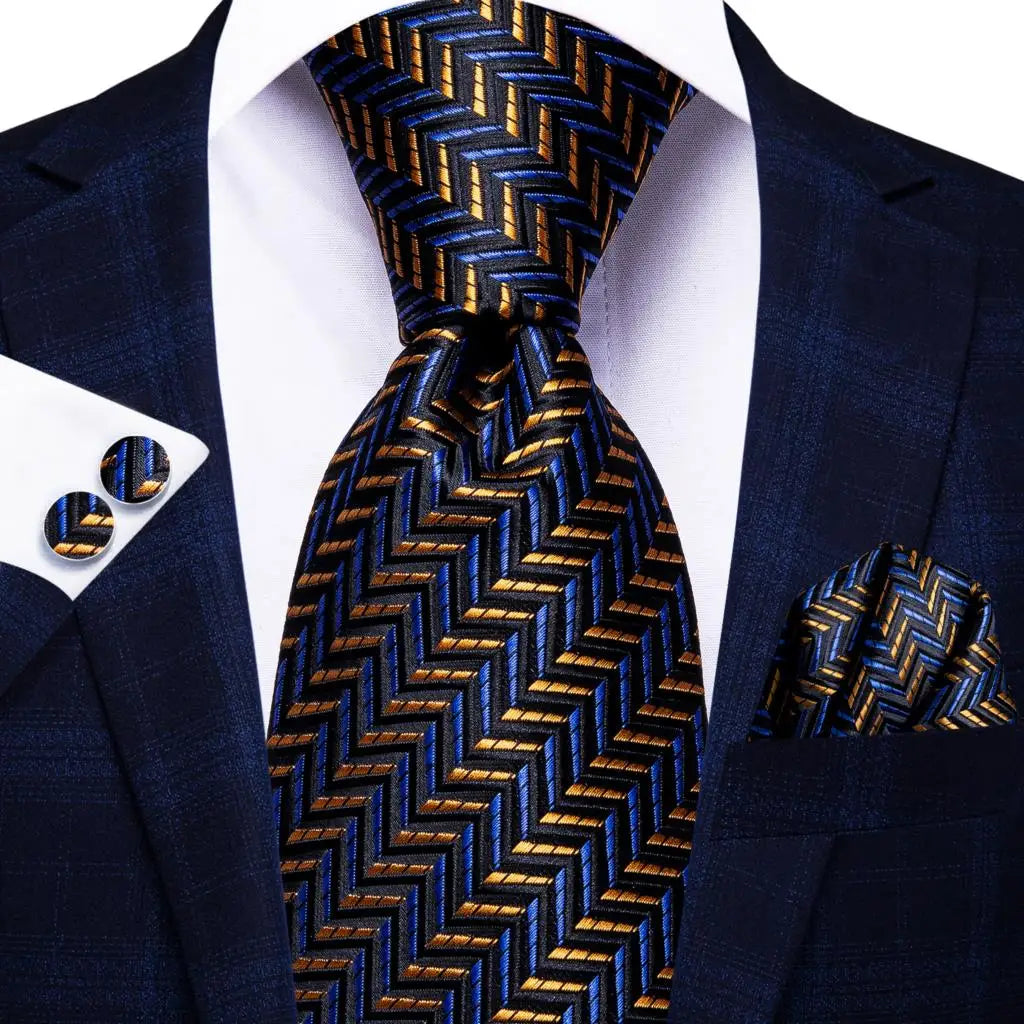 Hi-Tie 100% Silk Black Gold Jacquard Wedding Necktie Set Silk Necktie Set Qme SN-3327