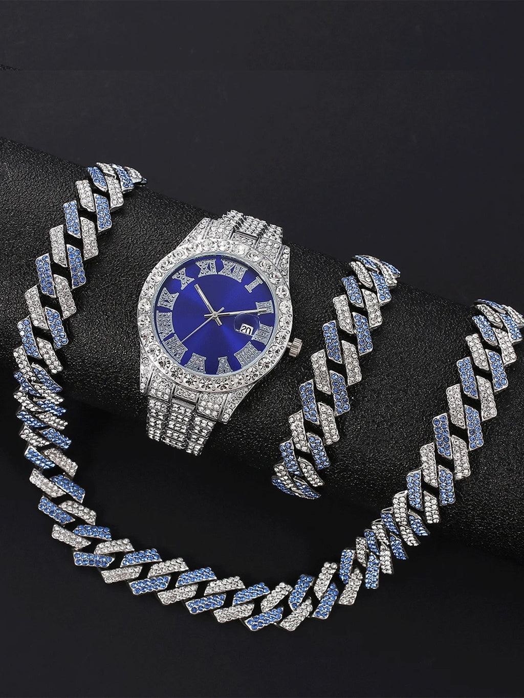 Women's Iced Out Silver Plated Hip Hop Watch & Jewelry Combo Watch & Jewelry Set Qme Blue No