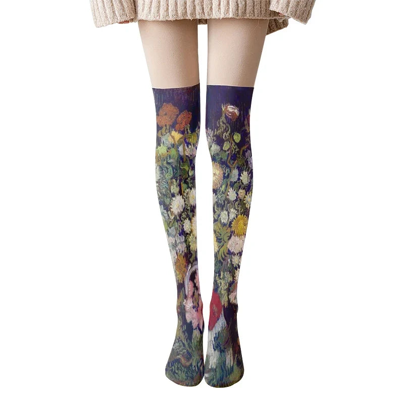 Van Gogh Art Print Thigh High Stockings – Starry Sky & Sunflower Thigh High Stockings Qme style6 One Size