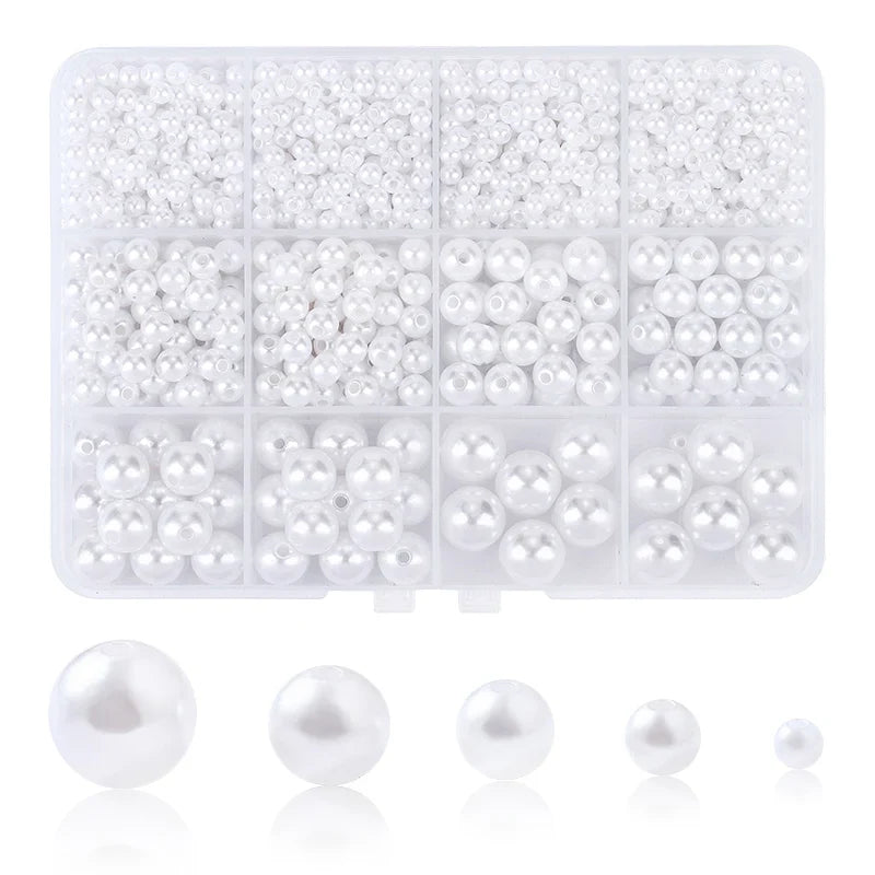 1200pcs Resin Pearl Beads Kit – 5 Sizes Round DIY Craft Beads DIY Craft Beads Qme White color