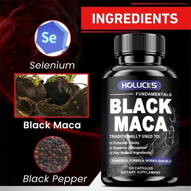 HOLUCKS Organic Black Maca Capsules – Energy & Vitality (120ct) Maca Supplement Qst