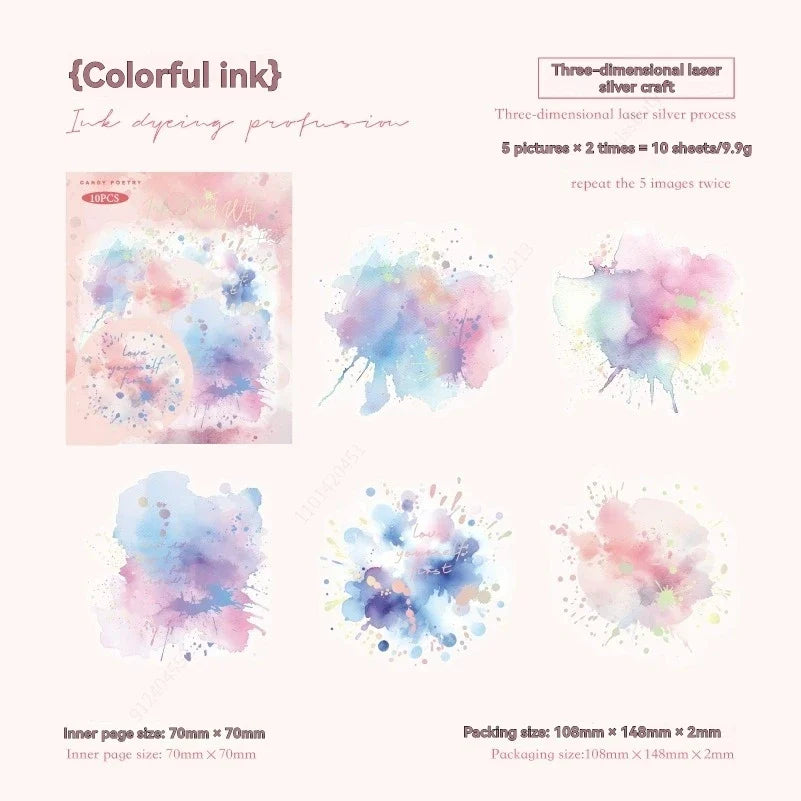 Watercolor Foil Stamping Decorative Stickers 10 Pcs | DIY Craft Decorative Sticker Set Qme B