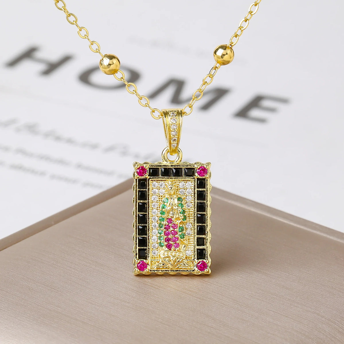 Zirconia Virgin Mary Pendant Necklace | Gold Plated CZ Religious Pendant Necklace Qme 1