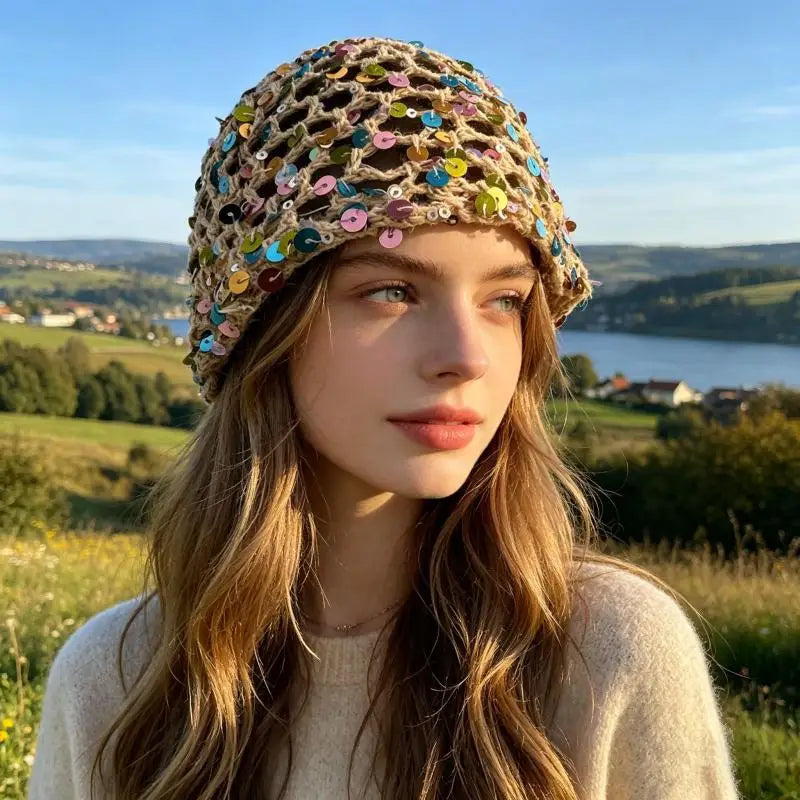 Women's Y2K Sequin Knitted Bucket Hat – Hollow Crochet Style Knitted Bucket Hat Qst Beige