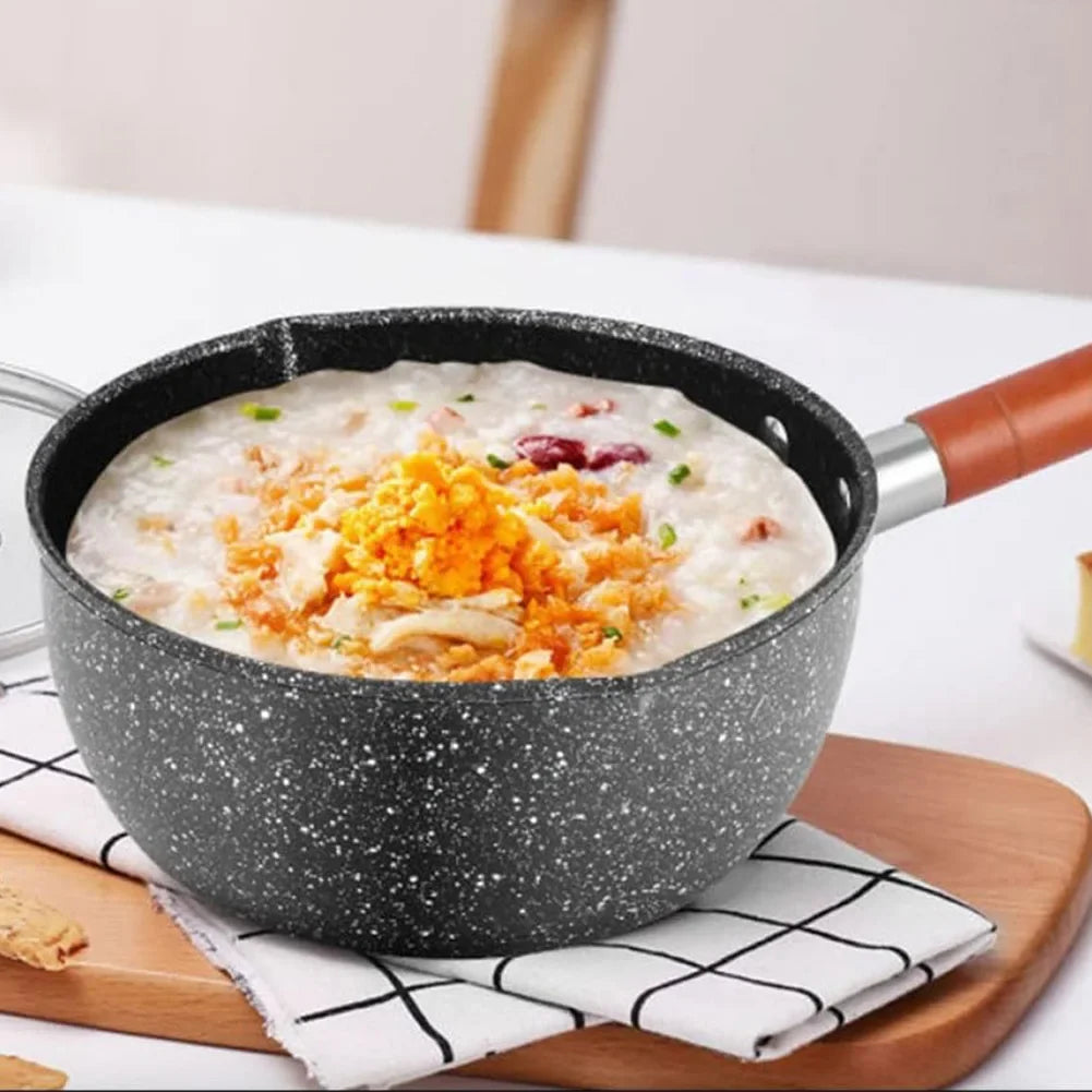 Non-Stick Saucepan with Pour Spout & Wooden Handle | Iron Pot Non-Stick Saucepan Qme