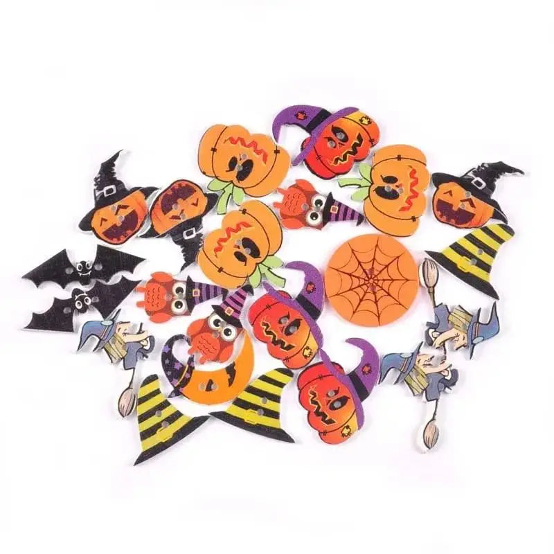 Halloween Skull & Pumpkin Flatback Wooden Buttons – 50pcs DIY Wooden Craft Buttons Qme