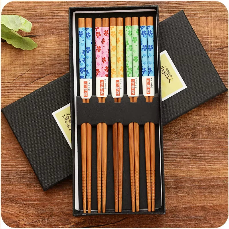 Bamboo Chopsticks Set 5 Pairs – Non-Slip Reusable Sushi Bamboo Chopsticks Qst Sakura