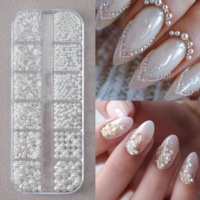 Half Round Pearl Nail Charms – 12-Grid Flatback Bead Set Nail Art Charms Qme