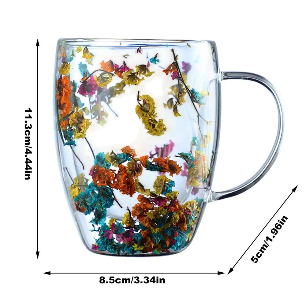 Double Walled Glass Coffee Mug with Dried Flowers – 350ml Glass Coffee Mug Qst Colorful2 301-400ml