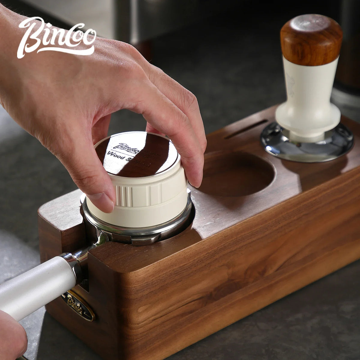 Bincoo Coffee Tamper Station 51/58mm Walnut Stand & Distributor Coffee Tamper Station Qst
