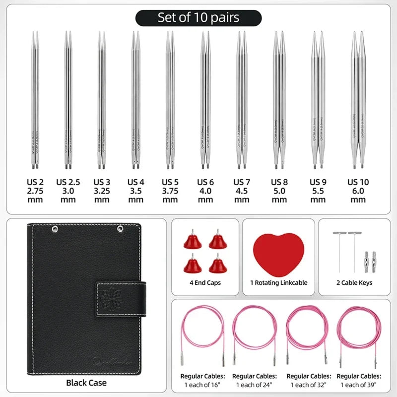 10-Pair Detachable Circular Knitting Needles Set – Steel Tips Interchangeable Knitting Needles Qme
