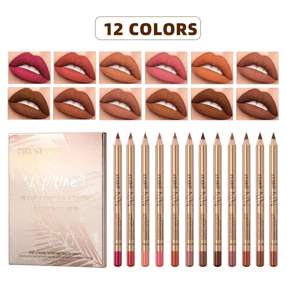 QIBEST 12-Color Matte Waterproof Lip Liner Pencil Set Lip Liner Set Qme Lipliner Set