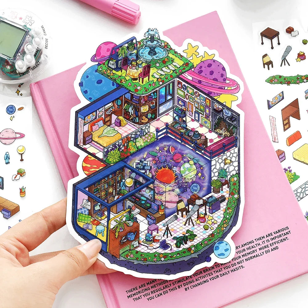 Fantasy House Miniature Scene Stickers – 3 Sheets, 5 Colors Decorative Craft Stickers Qme