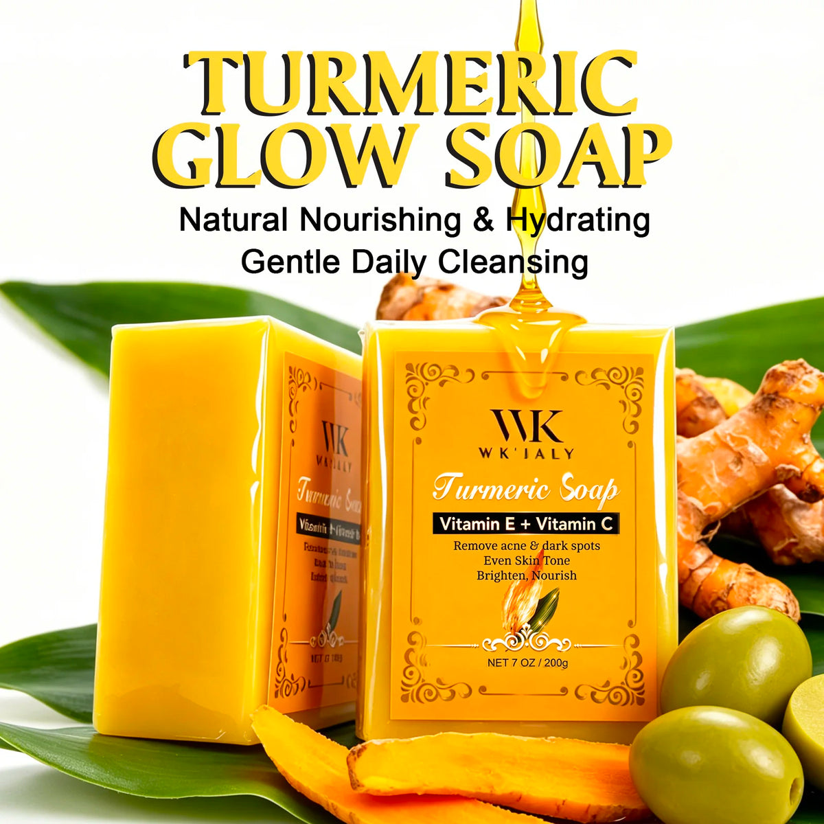 WK'JALY Turmeric Glow Soap – Vitamin C & E Cleanser 200g Brightening Bar Soap Qst