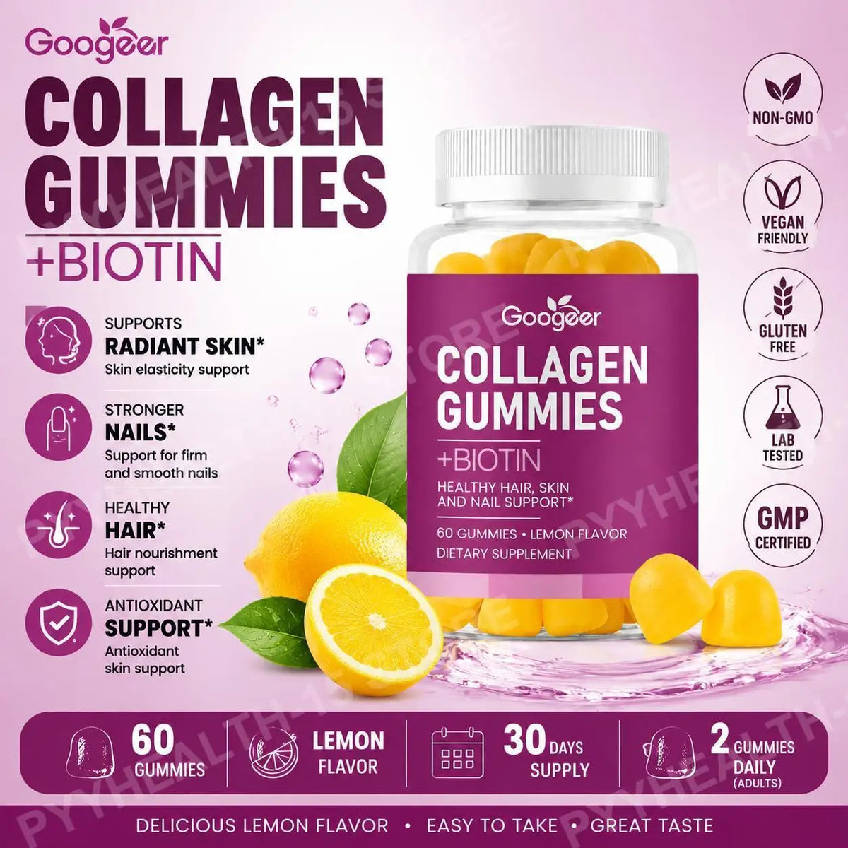 Googeer Collagen Gummies Biotin Vitamin C E Zinc – 60ct Collagen Gummies Qst