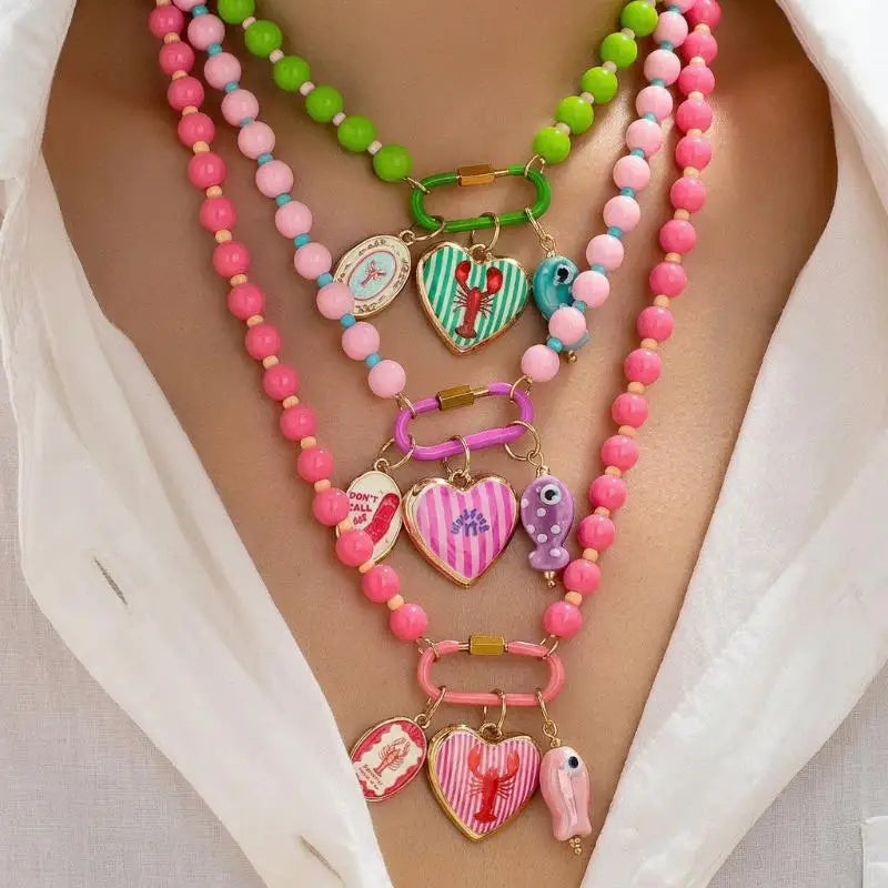 Summer Beaded Layered Necklace – Starfish & Fish Charms Beaded Layered Necklace Qst