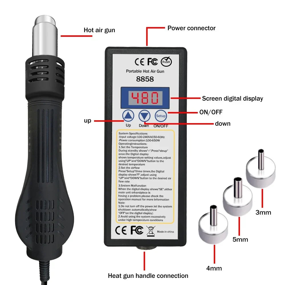 8858 Micro Hot Air Rework Station – LED Digital 650W Hot Air Rework Station Qme