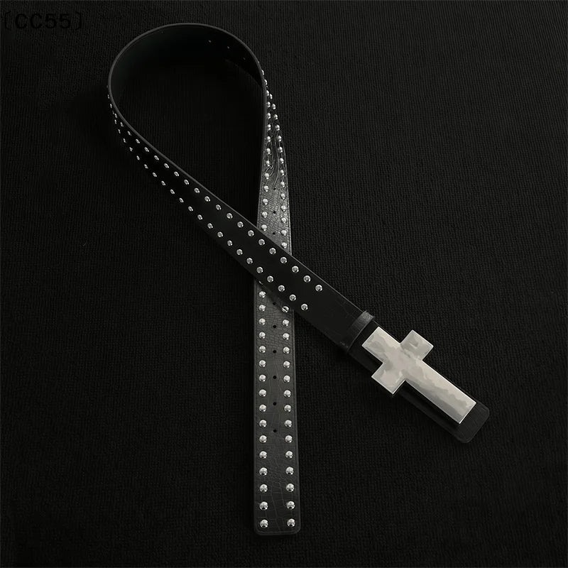 Gothic Punk Crackle Studded Metal Cross Belt for Women Gothic Studded Belt Qst