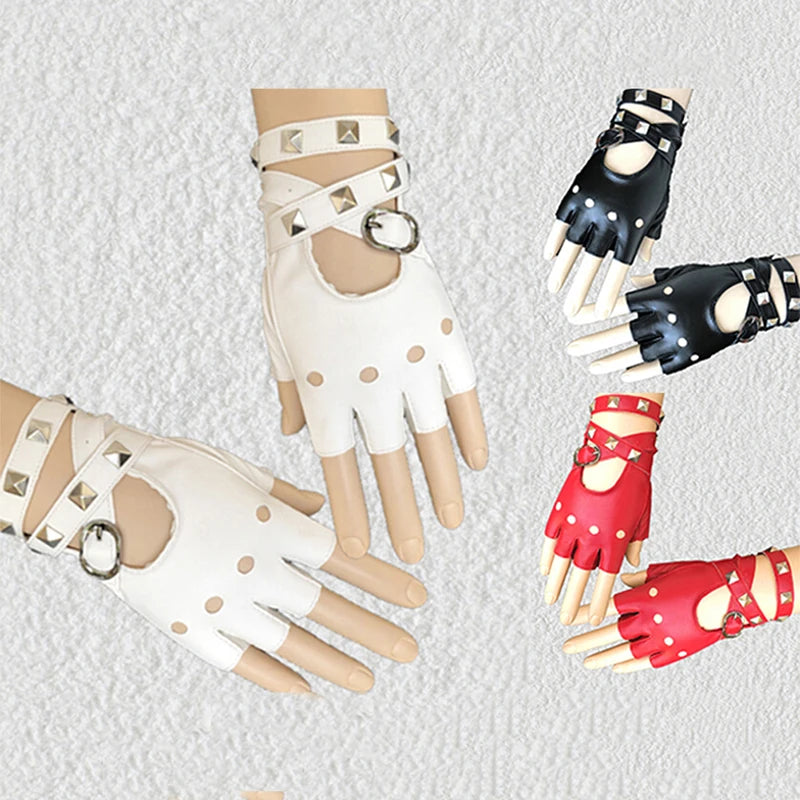 Women's Punk Rivet Half Finger Faux Leather Gloves – Dance & Performance Performance Gloves Qst