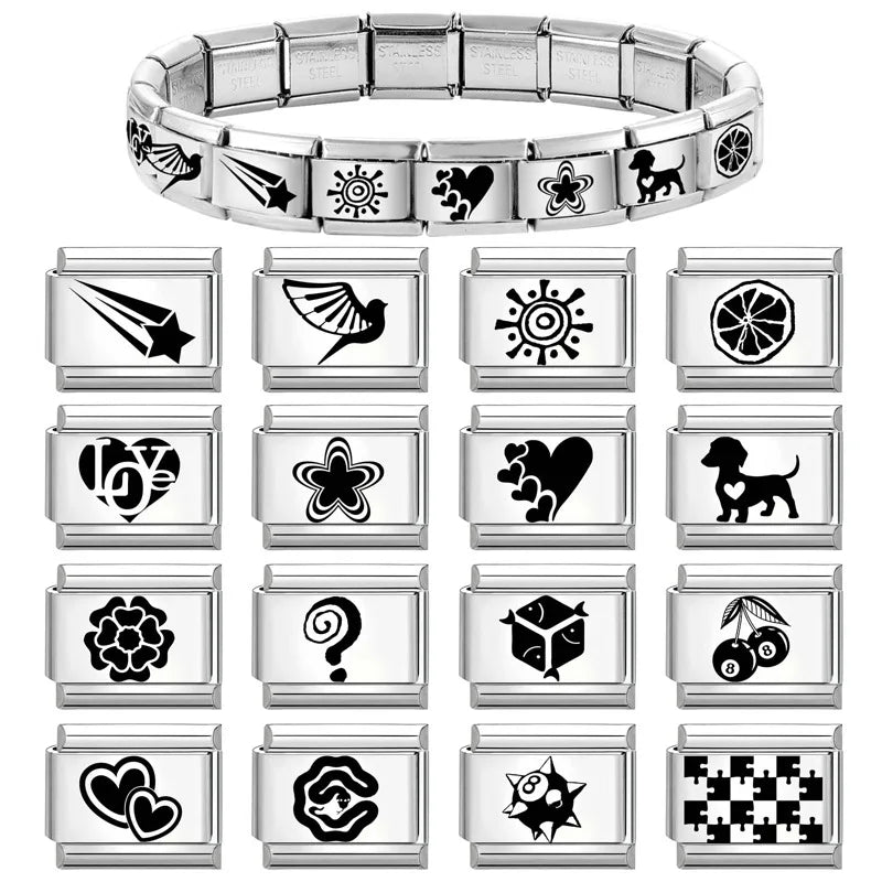 Laser Engraved Star Heart Fish Charm Link Stainless Bracelet Charm Link Bracelet Qme