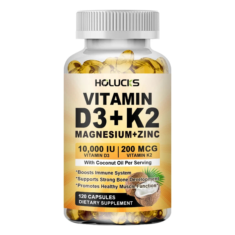 HOLUCKS D3+K2 Capsules with Magnesium & Zinc | 60/120 Count Vitamin Supplement Capsules Qst 120pcs - 1 BOX Trial