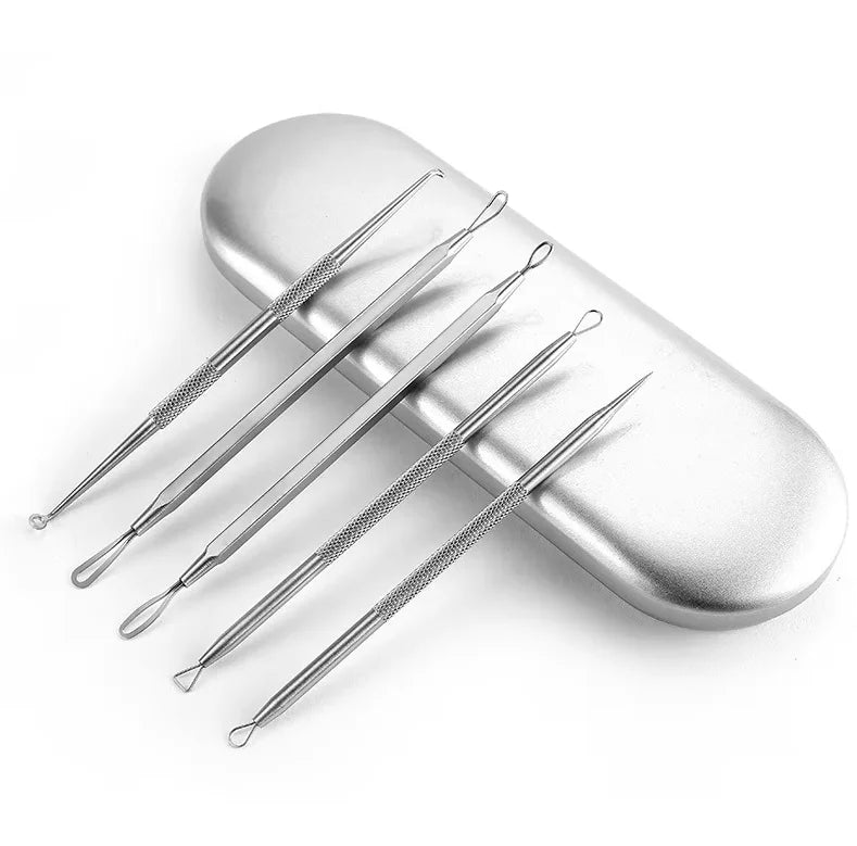 5-Piece Stainless Steel Blackhead Extractor & Blemish Tool Kit Blackhead Extractor Kit Qst Silver