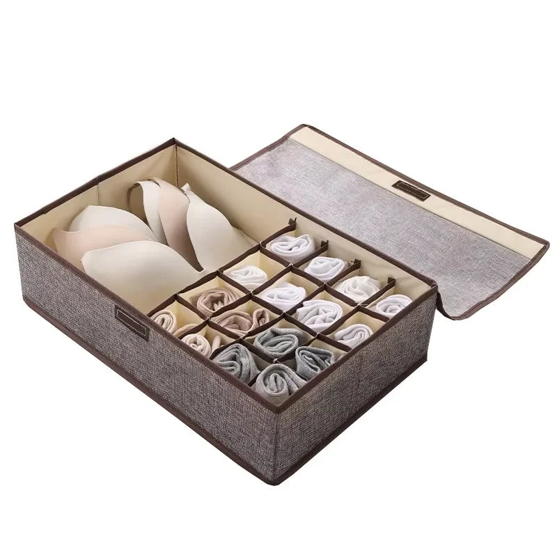 Cotton Linen Underwear Storage Box – 6-Compartment with Lid Drawer Organizer Box Qme