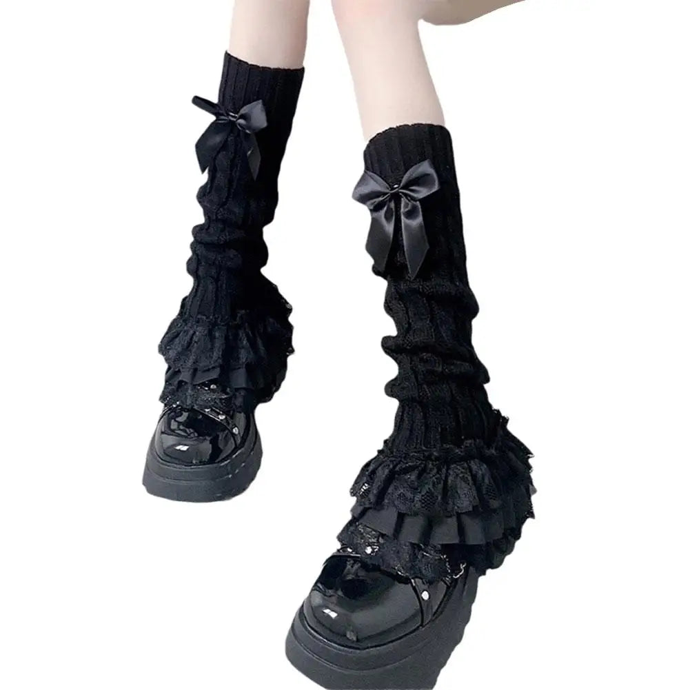 Women's Knitted Lace Bow Ruffle Leg Warmers | Lolita Style Knitted Leg Warmers Qme