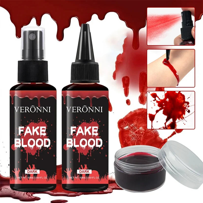 VERONNI 3-in-1 Fake Blood Makeup Kit – Spray, Liquid & Paste Special Effects Makeup Qme