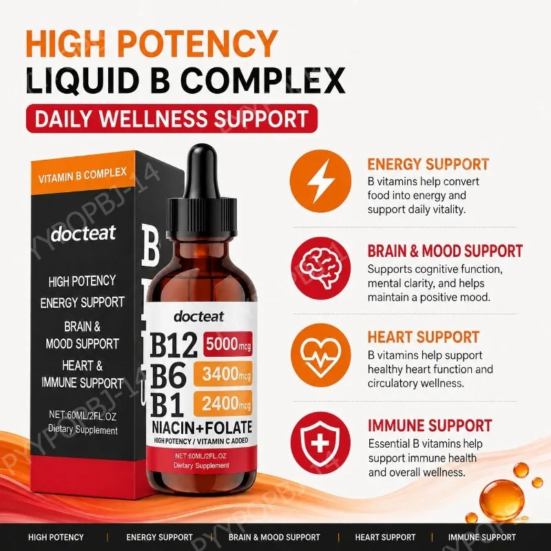 Docteat Vitamin B Complex Liquid Drops with Vitamin C – 60ml Liquid Vitamin Supplement Qst