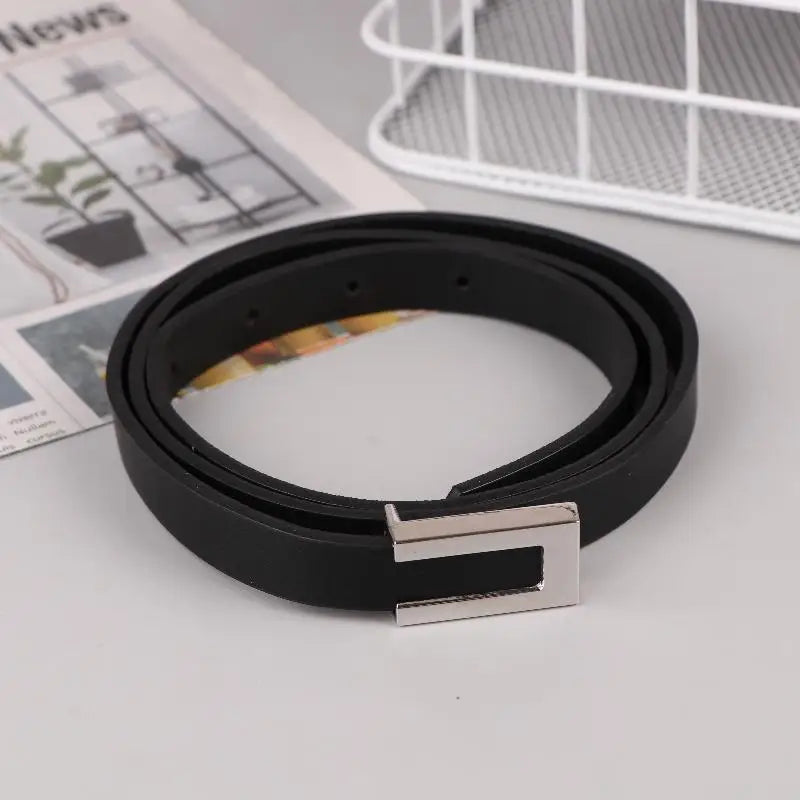 Women's Thin PU Leather Belt – Metal Buckle Waistband Leather Waist Belt Qst Silver