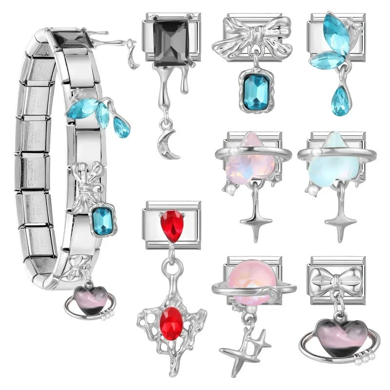 Zircon Italian Charm Links – Heart, Star & Bow | 9mm Steel Italian Charm Links Qme