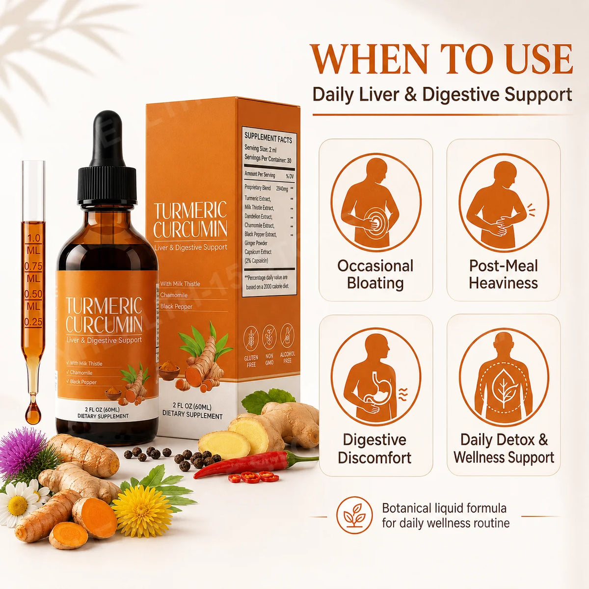 Turmeric Curcumin & Milk Thistle Liquid Drops | 2 Fl Oz Herbal Liquid Supplement Qst