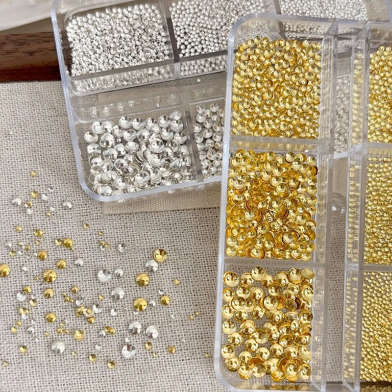 Gold Silver Half Round Rivet Nail Charms – 6-Grid Metal Beads Nail Art Charms Qst