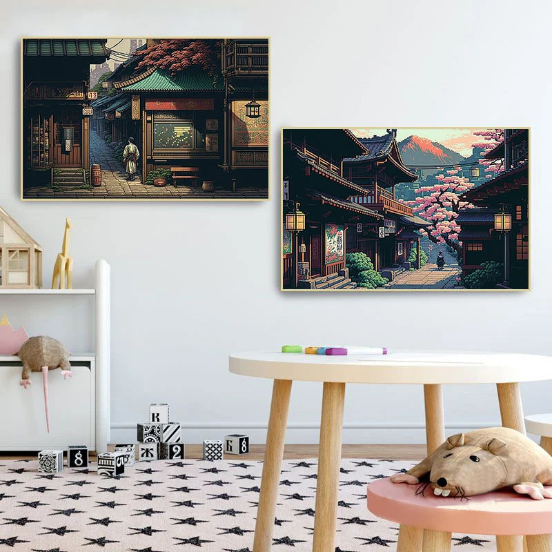 Japan Pixel Street Landscape Canvas Wall Art Print | Home Decor Canvas Wall Art Qst