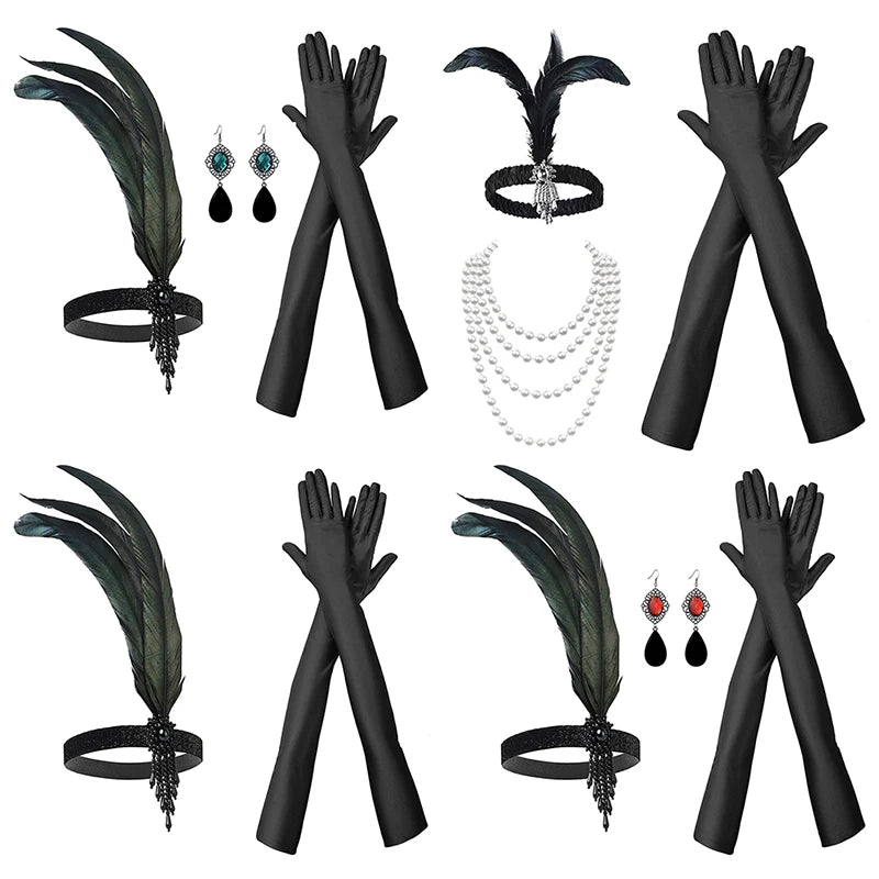 1920s Flapper Costume Set – Headband, Pearl Necklace & Gloves Costume Accessory Set Qst