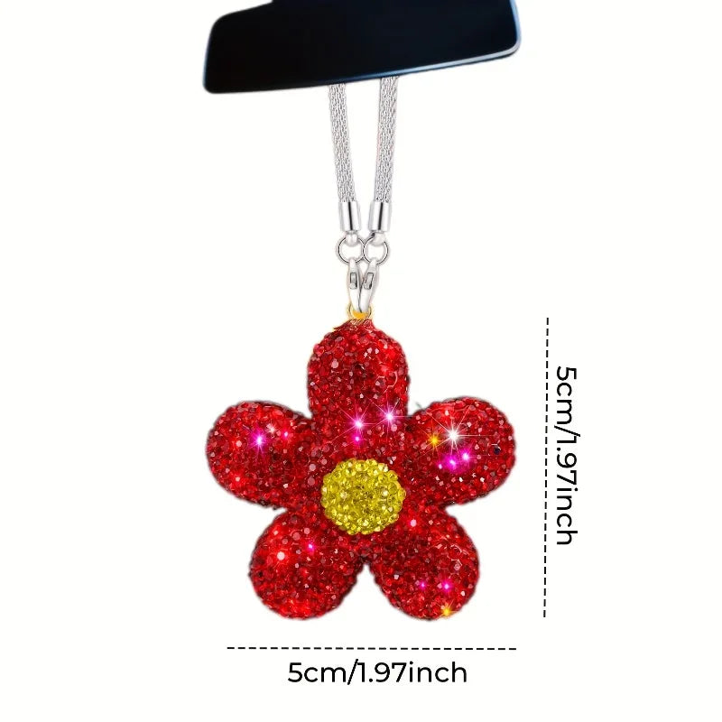 Rhinestone Daisy Car Mirror Hanging Charm | Resin Flower Pendant Car Mirror Charm Qme