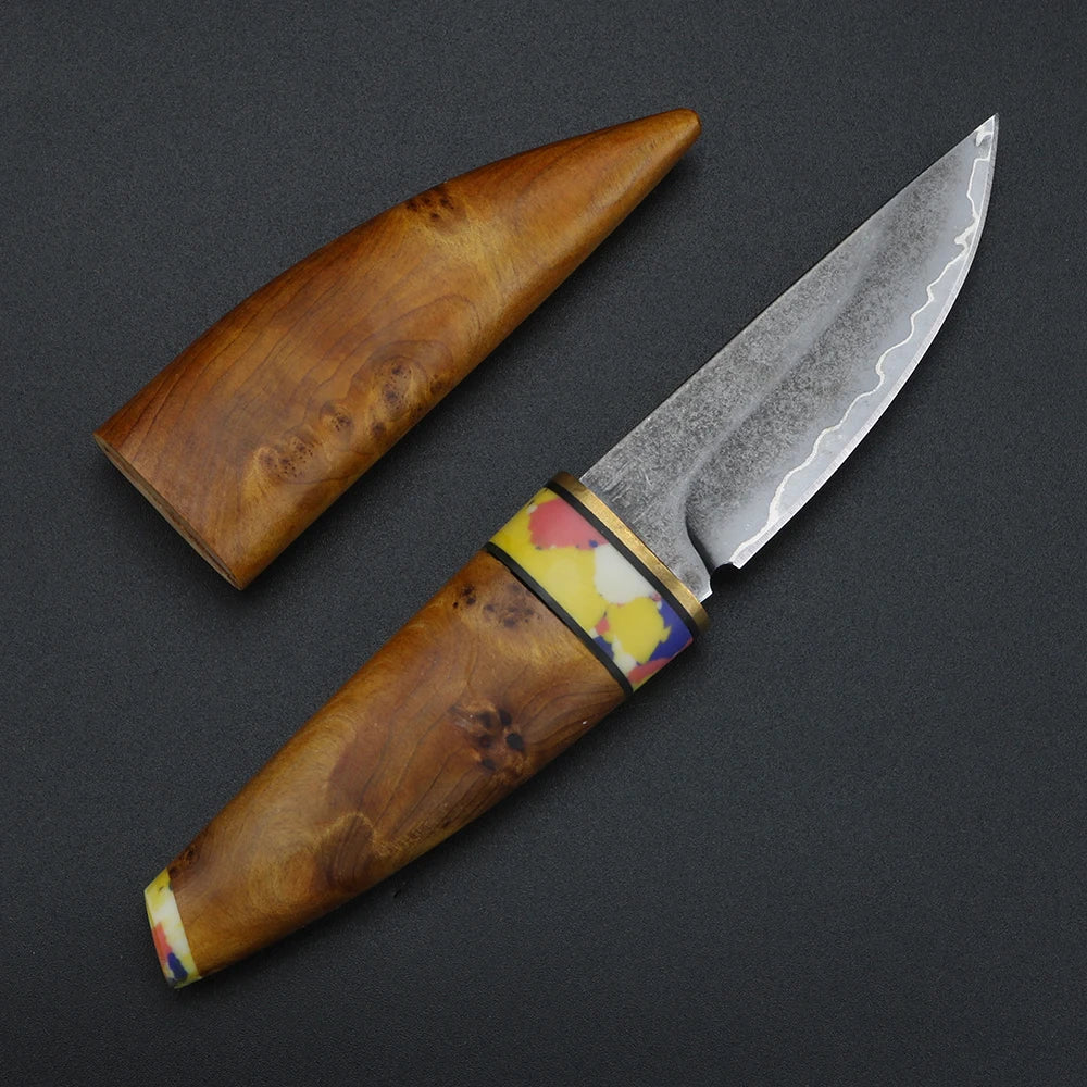 XUAN FENG SKD-11 Damascus Fixed Blade Knife – Wood Handle Fixed Blade Knife Qst