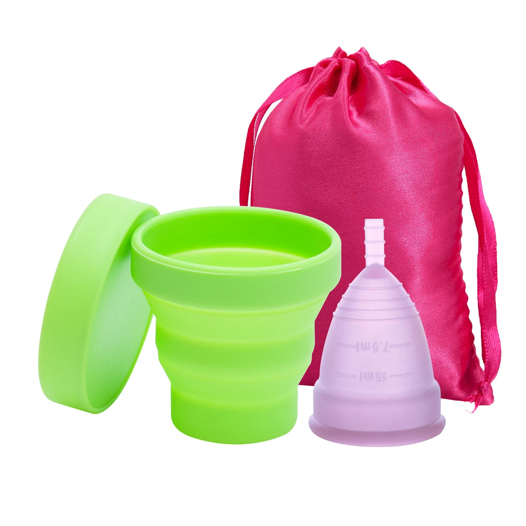 Medical Grade Silicone Menstrual Cup & Sterilizer | XceeFit Menstrual Cup Qst CupPurple-SterGreen S Size