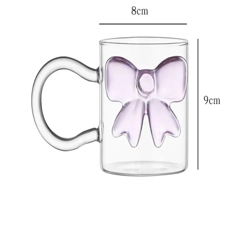 Pink Bow Glass Cup with Handle – Heat-Resistant Borosilicate Decorative Glass Cup Qme