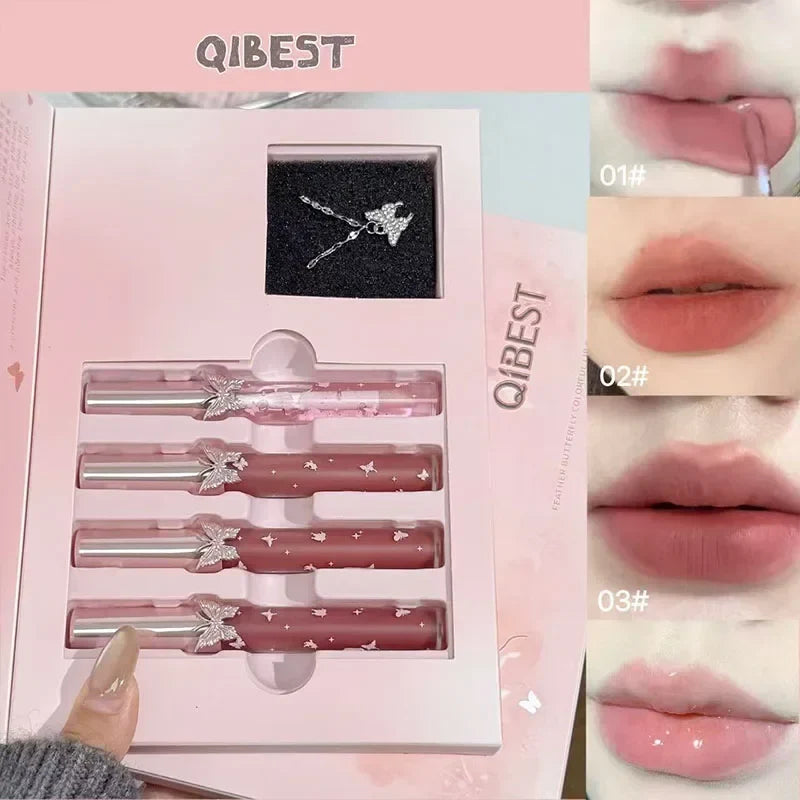 QIBEST 4-Piece Lip Set: 3 Matte Lipsticks + Lip Balm Oil Lip Makeup Set Qme Lip Makeup Sets