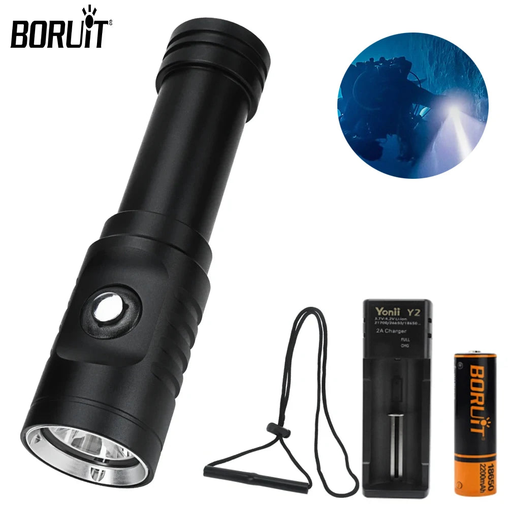 BORUiT M54 1000LM LED Diving Flashlight – IPX8 Waterproof Torch Diving Flashlight Qst black