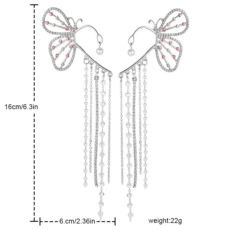 Silver Tassel Butterfly Ear Cuff Clips – No Piercing Needed Clip-On Earrings Qme
