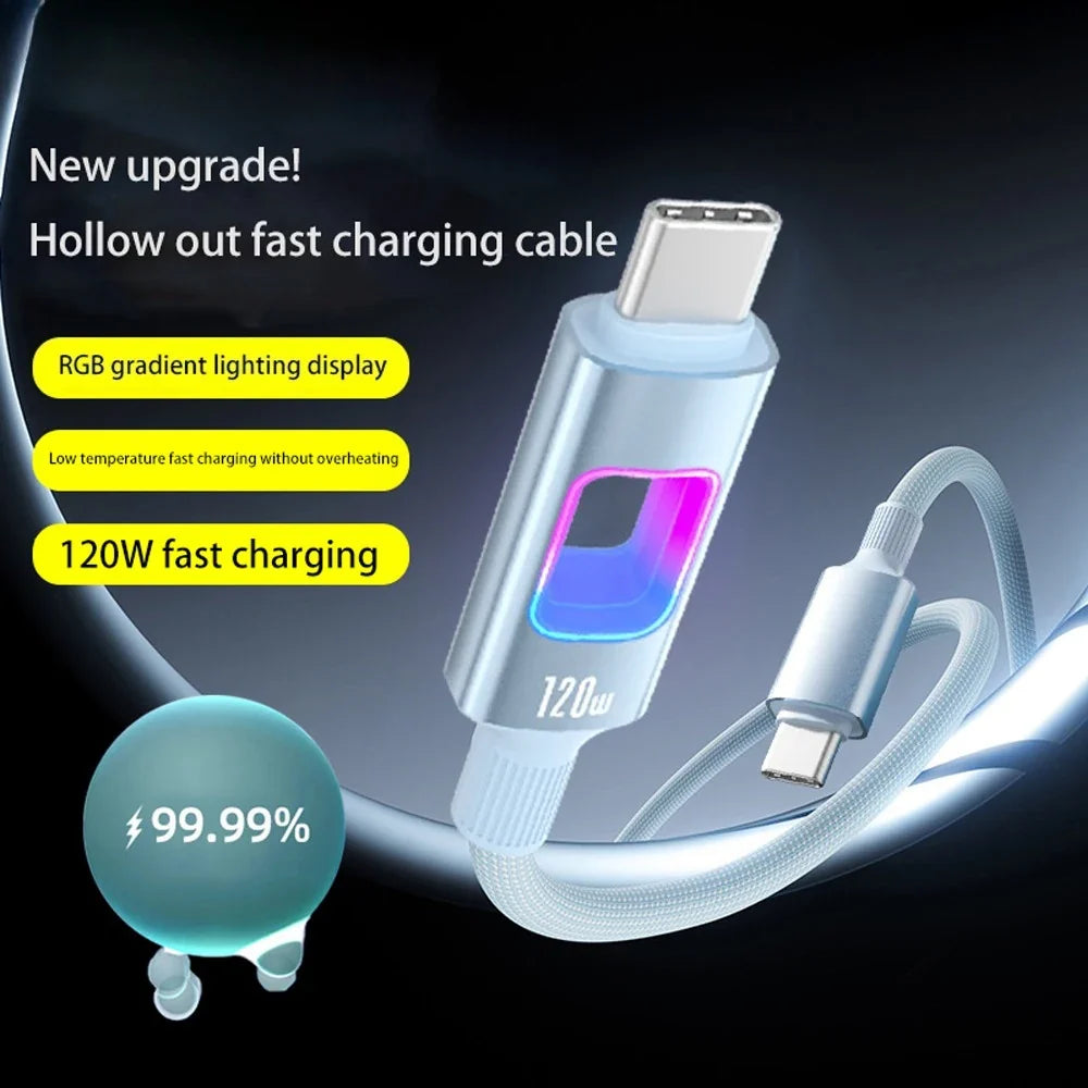 USB-C 120W RGB Fast Charging Braided Cable – PD Quick Charge USB-C Charging Cable Qme