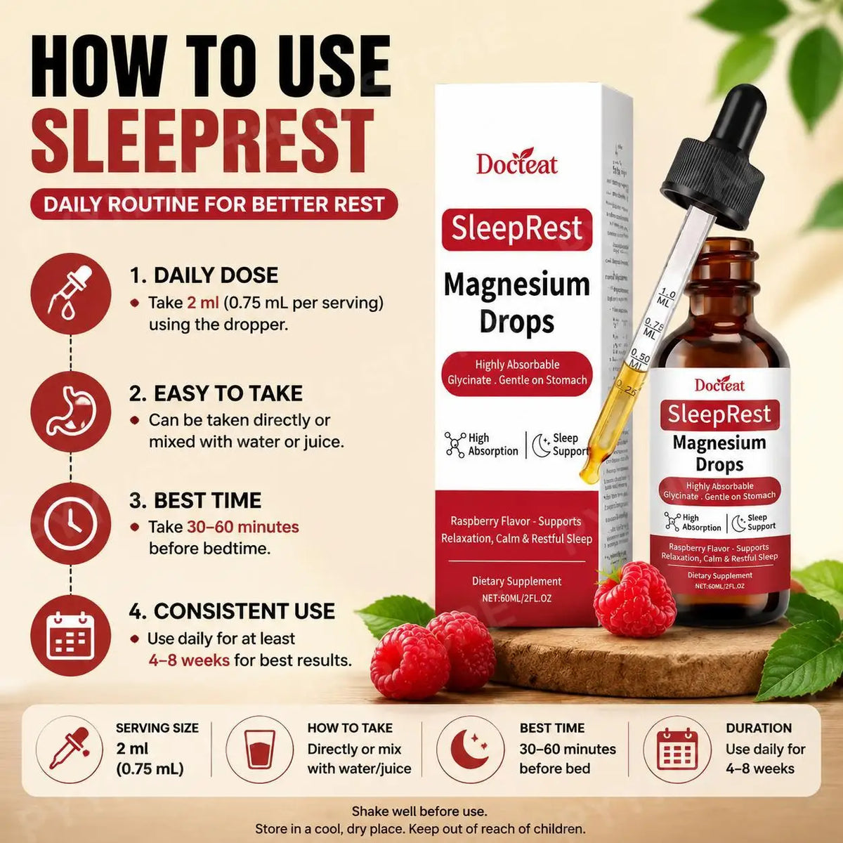 Magnesium Glycinate Liquid Drops with Vitamin C & Raspberry, 60mL Liquid Mineral Supplement Qst