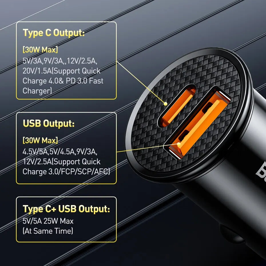 Baseus 30W Dual USB & USB-C Car Charger QC4.0 PD Fast Charge Car Charger Qst Type C USB