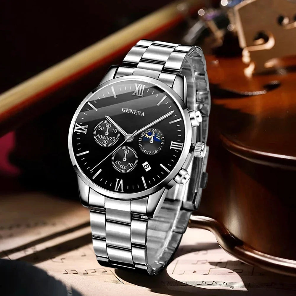 Men's Quartz Watch & Jewelry Set – Cross Pendant, Necklace & Ring Men's Jewelry Set Qme