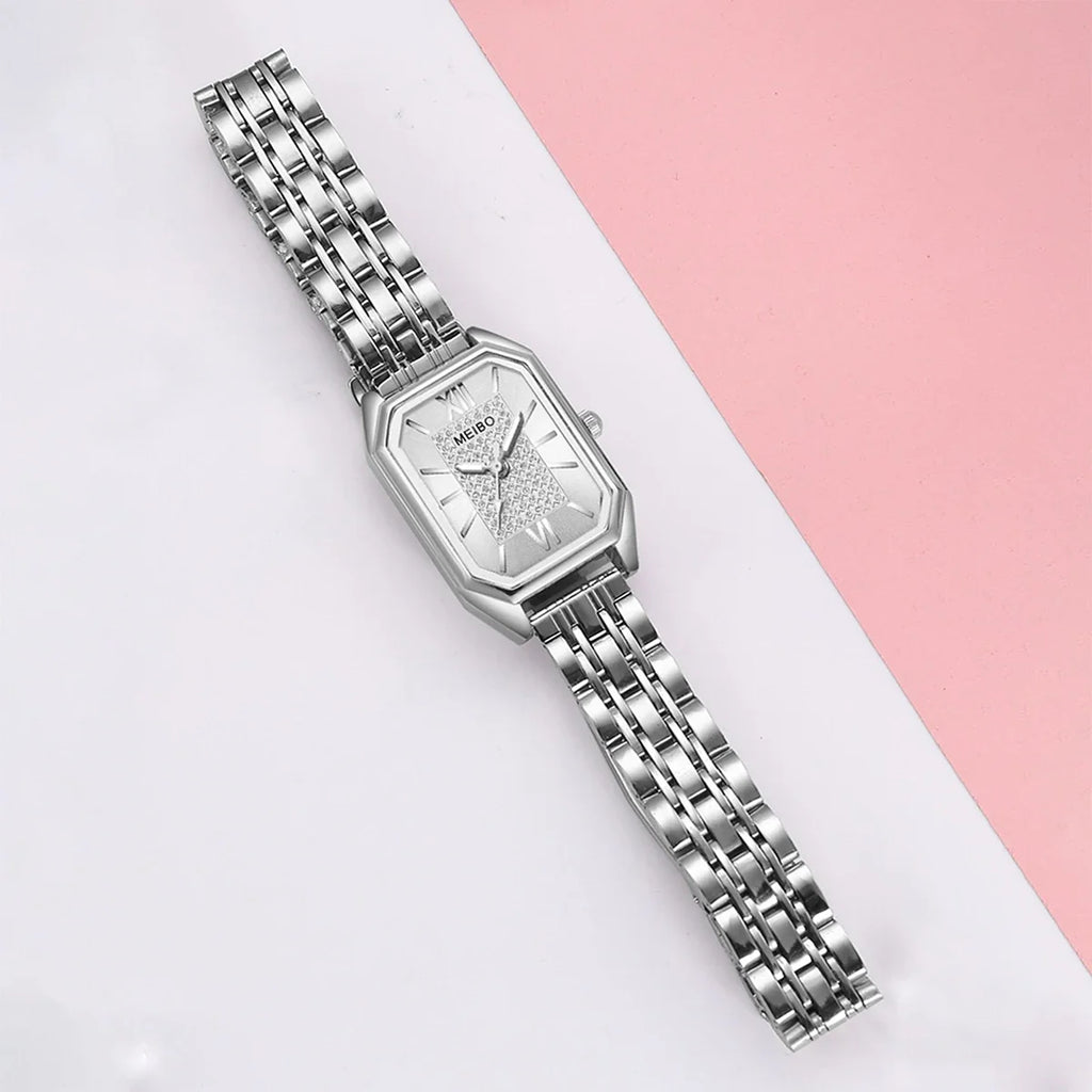 Women's Rectangle Dial Quartz Watch – Silver Steel Band Women's Fashion Watch Qme